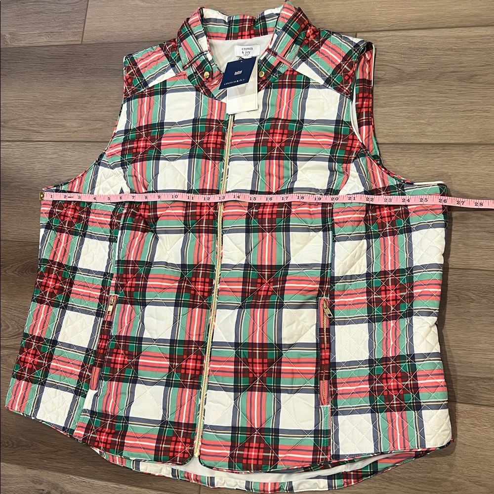 NWT Crown & Ivy Curvy Plus Size 3X Puffer Icon Vest Lattice Print Ivory Plaid - Picture 8 of 12